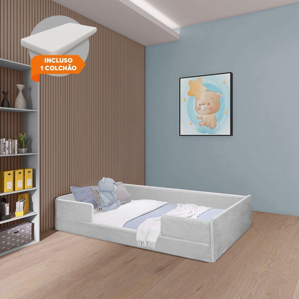 Cama Montessoriana Infantil Com Colchão Em Madeira Maciça Com Revestimento Em Tecido Luana Cinza - 1