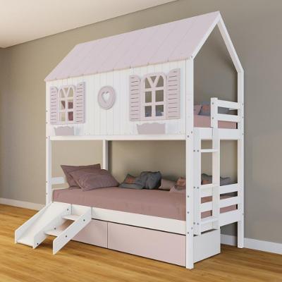 Beliche Casinha Bela Com Coração 2 Gavetas Rosa Kit Escada/escorregador - Madeira Maciça Branco/rosa Housin