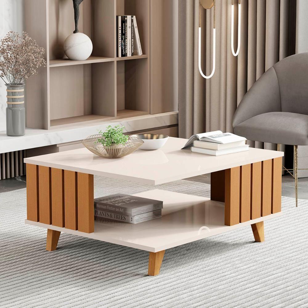 Mesa De Centro Açai Sala Com Pés De Madeira Maciça Off White Nature - 2