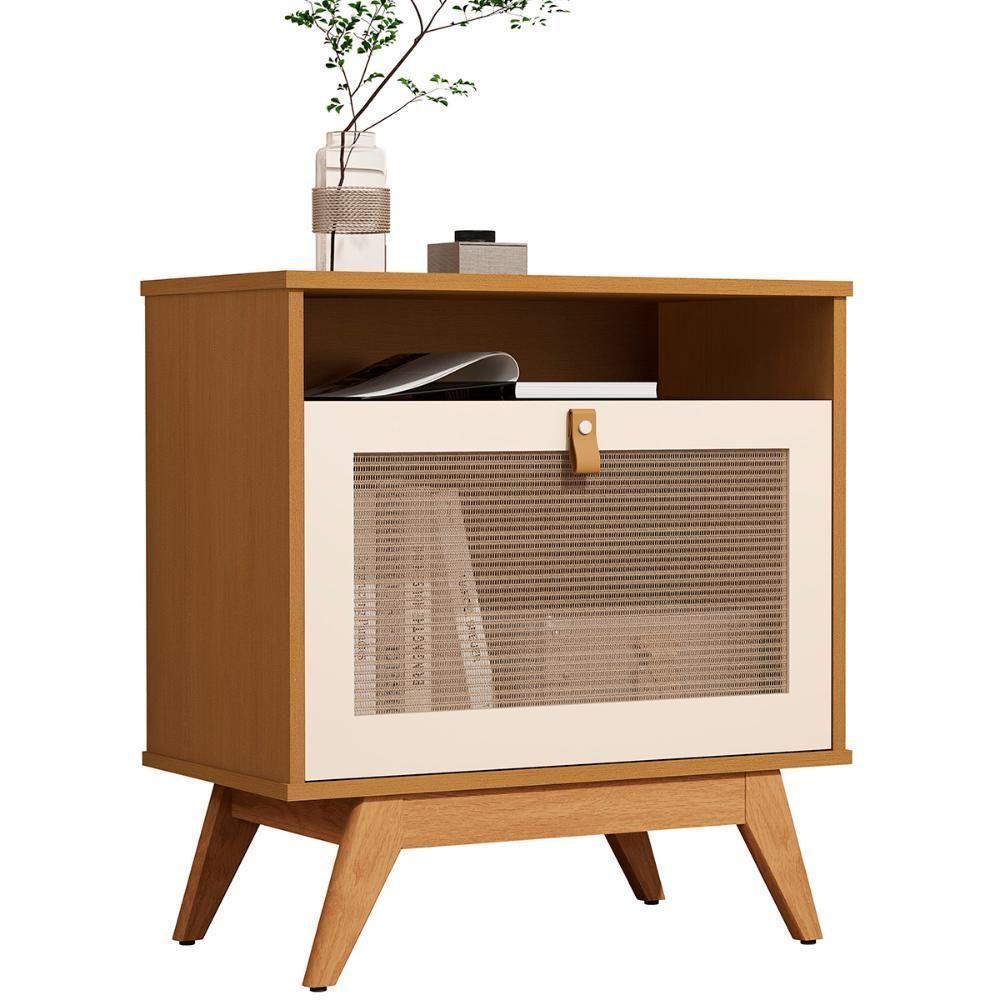 Mesa De Cabeceira Camu-camu New 1 Porta E Pés Madeira Maciça Nature Off White - 1