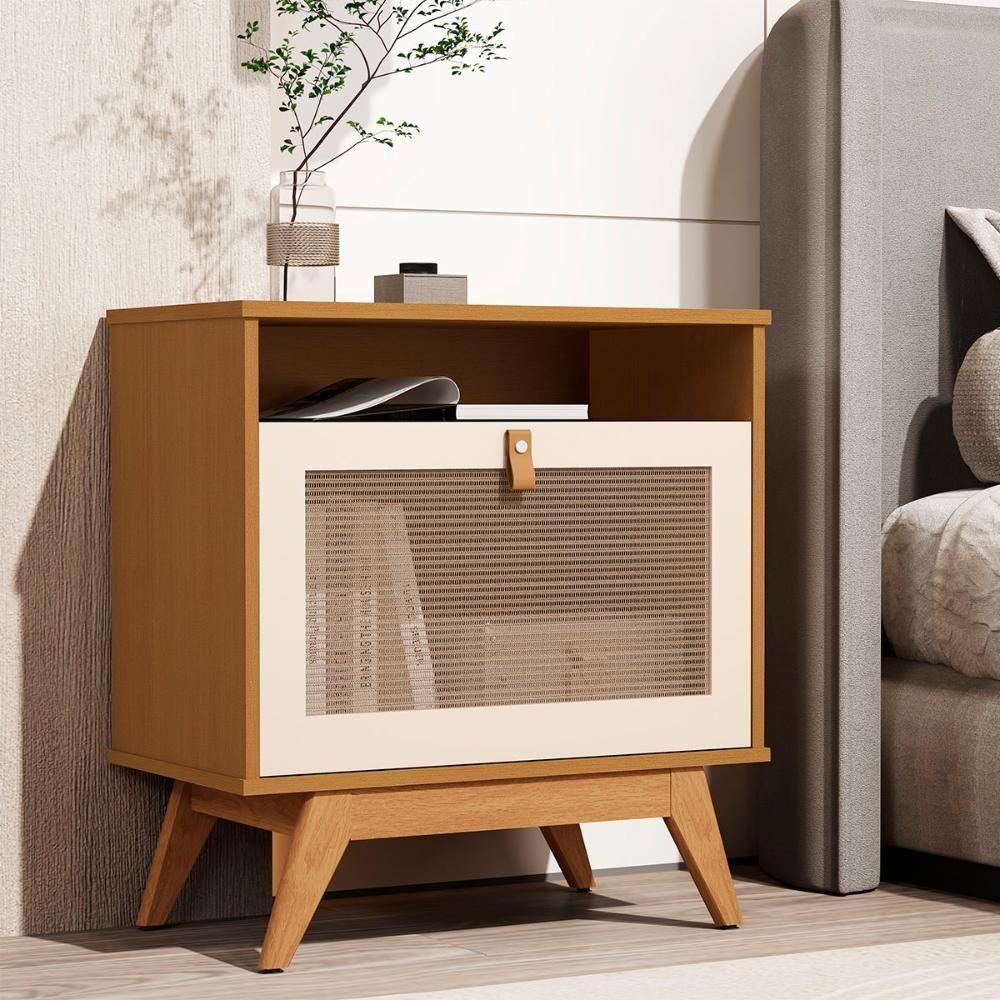 Mesa De Cabeceira Camu-camu New 1 Porta E Pés Madeira Maciça Nature Off White - 2