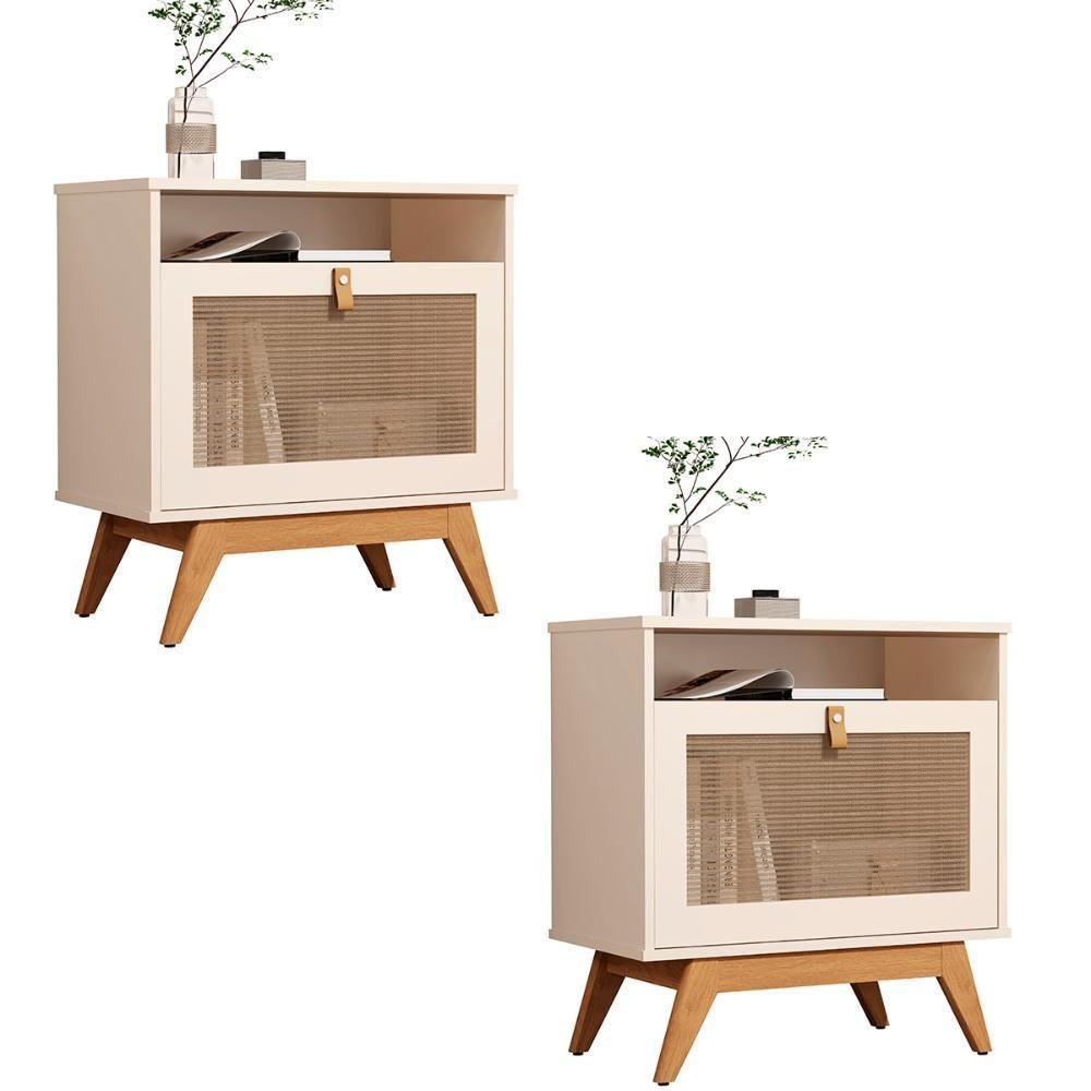 Kit 2 Mesa De Cabeceira Camu-camu New E Pés Madeira Maciça Off White - 1