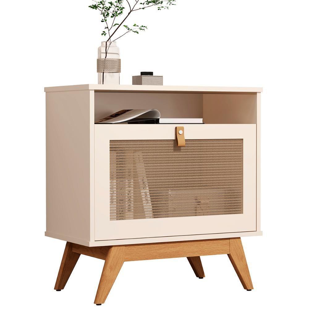 Mesa De Cabeceira Camu-camu New 1 Porta E Pés Madeira Maciça Off White - 1