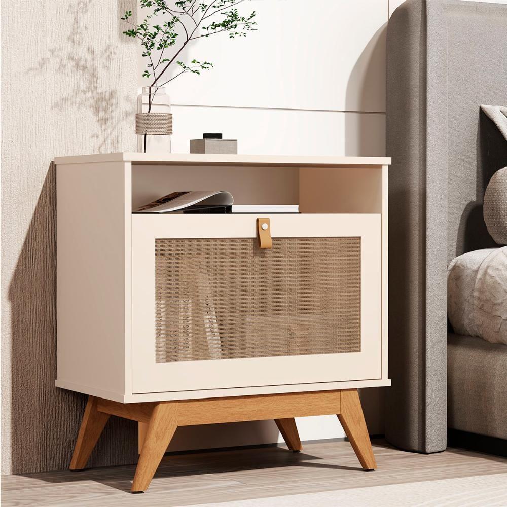 Mesa De Cabeceira Camu-camu New 1 Porta E Pés Madeira Maciça Off White - 2