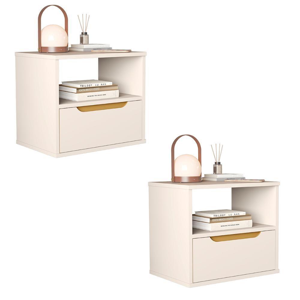 Kit 2 Mesa De Cabeceira Suspensa Jatobá Quarto Com 1 Gaveta Off White - 1