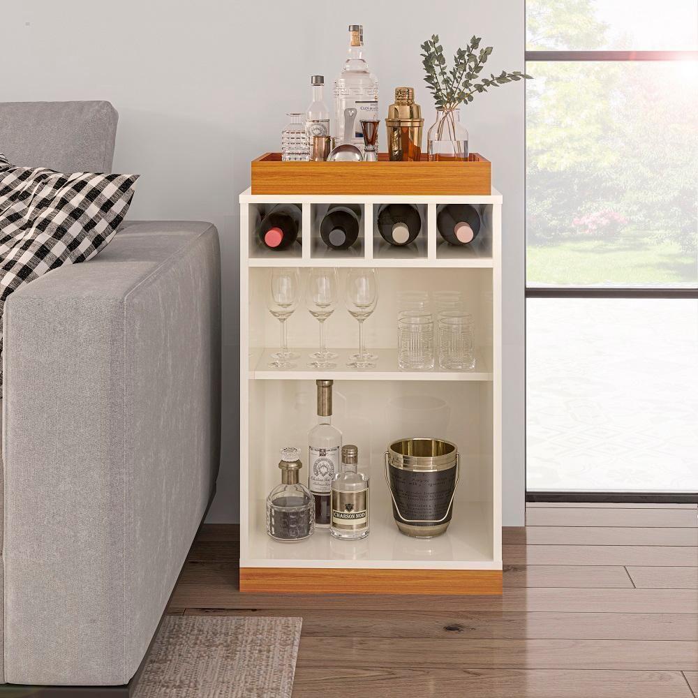 Adega Bar Retrô 4 Garrafas Com Bandeja E Prateleira Monaco - Off White E Cedro - 1