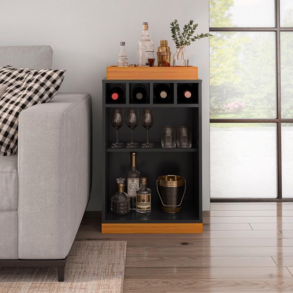 Adega Bar Retrô 4 Garrafas Com Bandeja E Prateleira Monaco - Preto E Cedro - 1