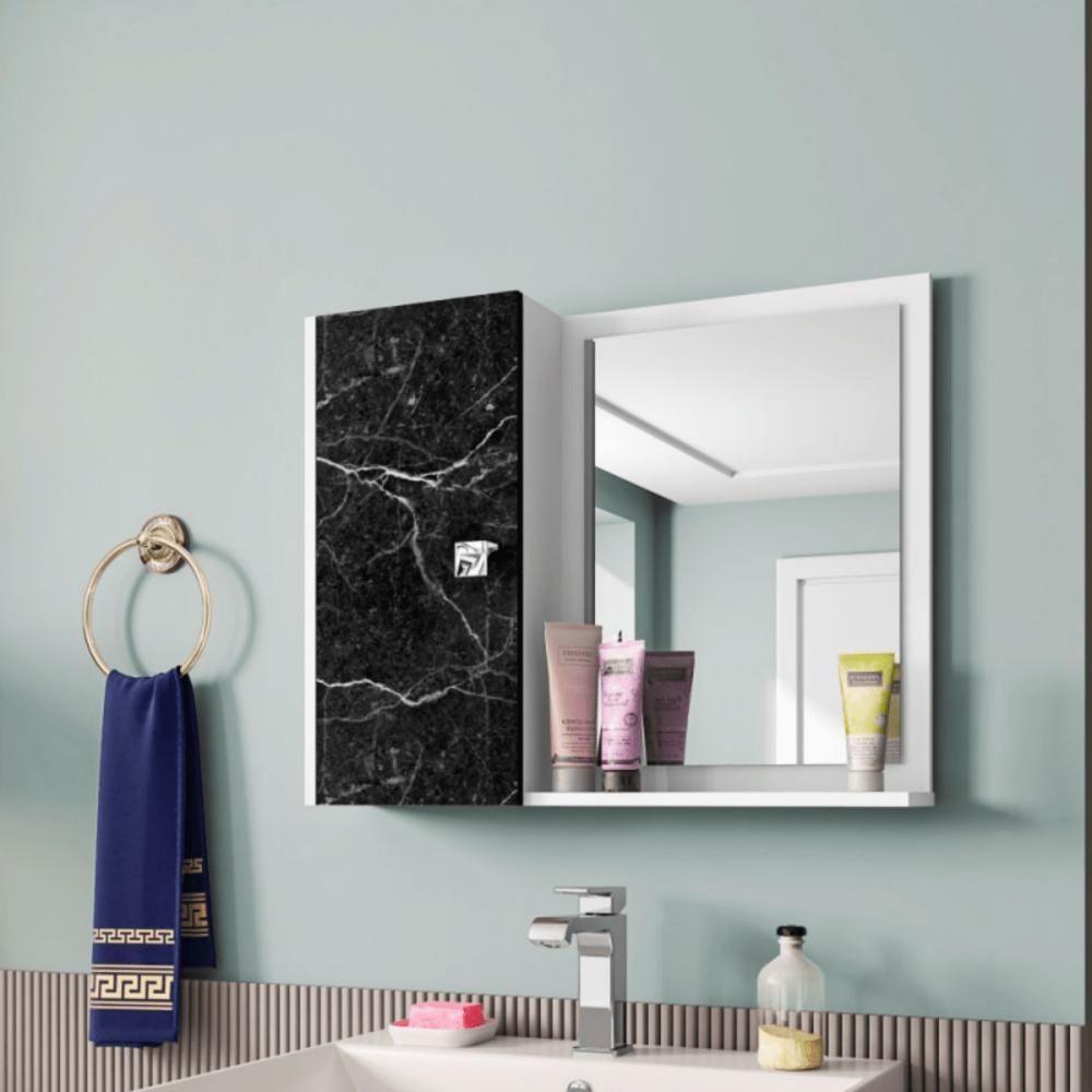 Espelheira Gênova Para Banheiro Com Porta E 6 Nichos E Prateleira Branco-nero - 1