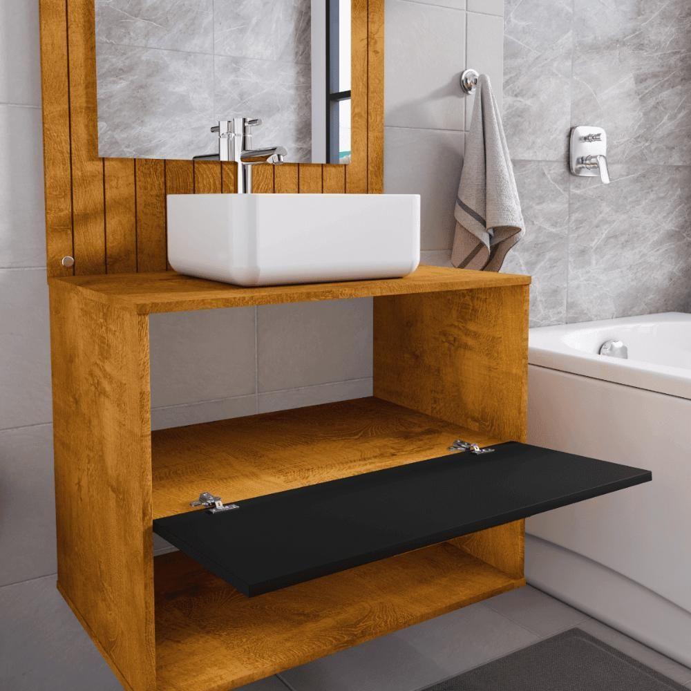 Conjunto Gabinete Com Espelheira Para Banheiro Orion Naturalle Preto Fosco - 4