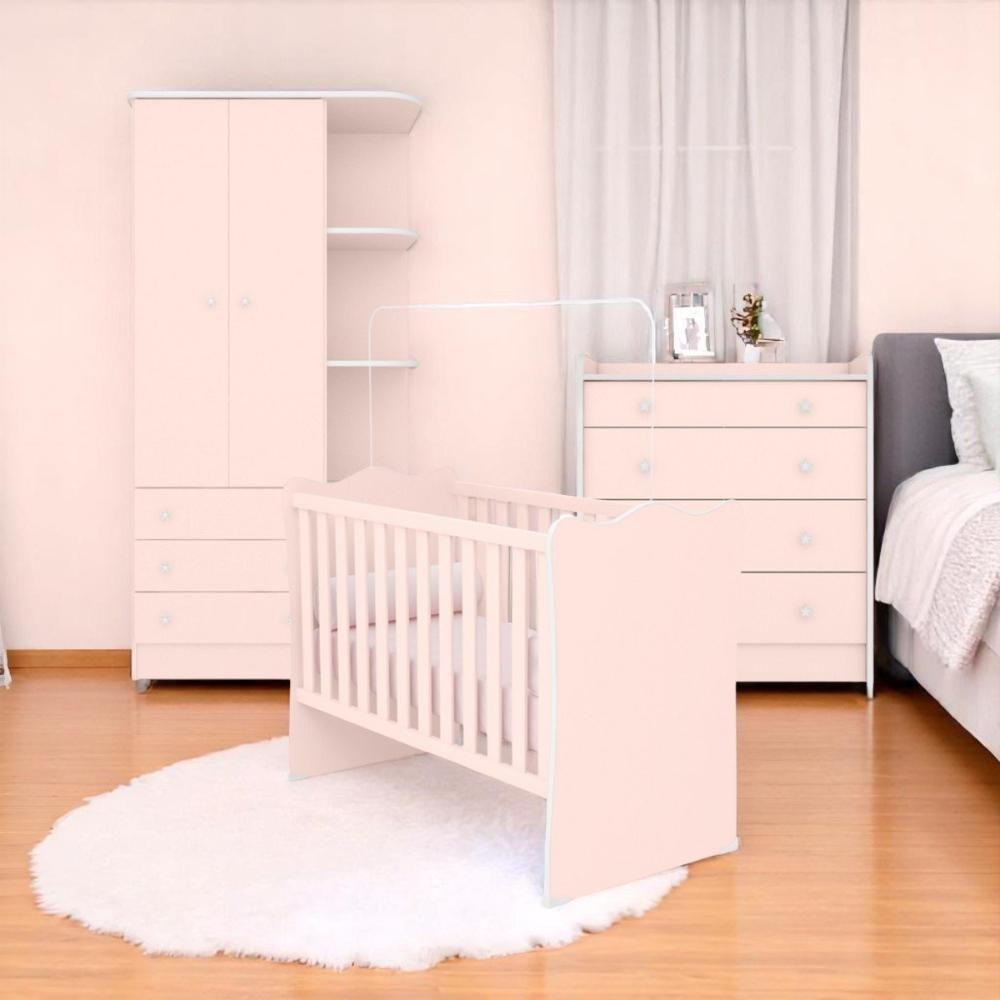 Conjunto Infantil Doce Sonho Rosa: Berço Doce Sonho + Kit Rodízios + Cômoda + Guarda-roupa - 1
