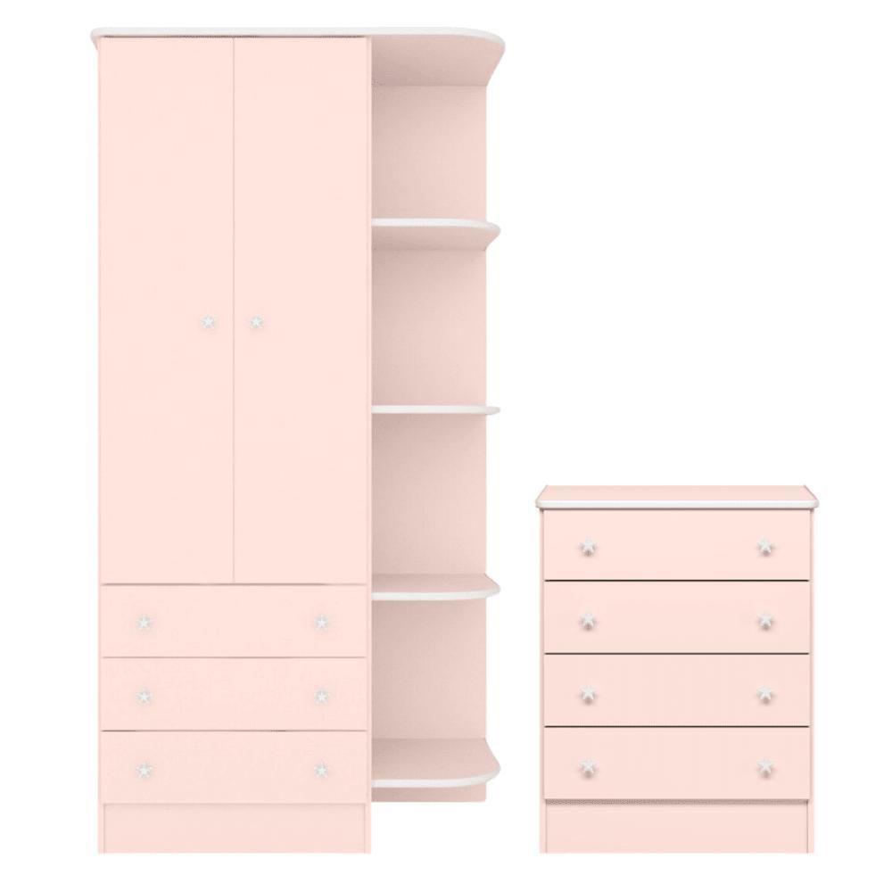 Conjunto Infantil Doce Sonho Rosa Acetinado Cômoda 4 Gavetas Doce Sonho + Guarda-roupa Doce Sonho 2 Portas - 2