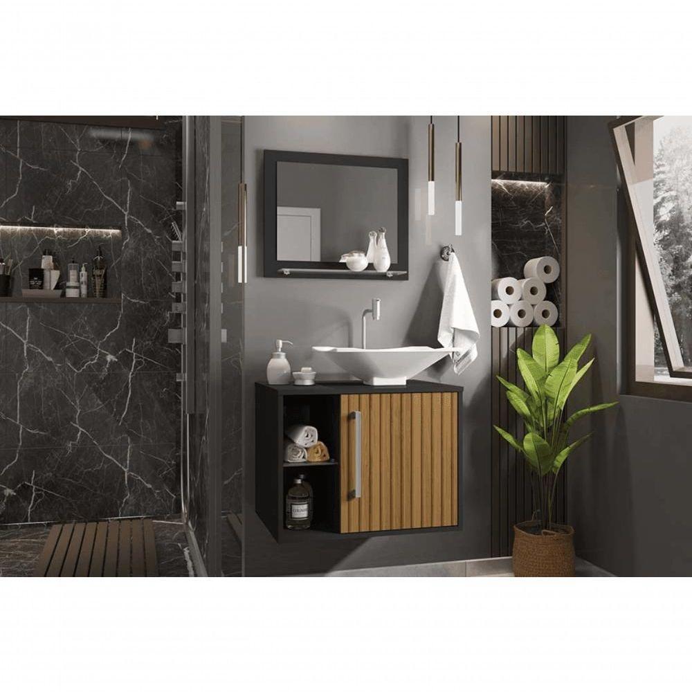 Conjunto Gabinete E Espelheira Bremen Para Banheiro Preto-ripado - 1