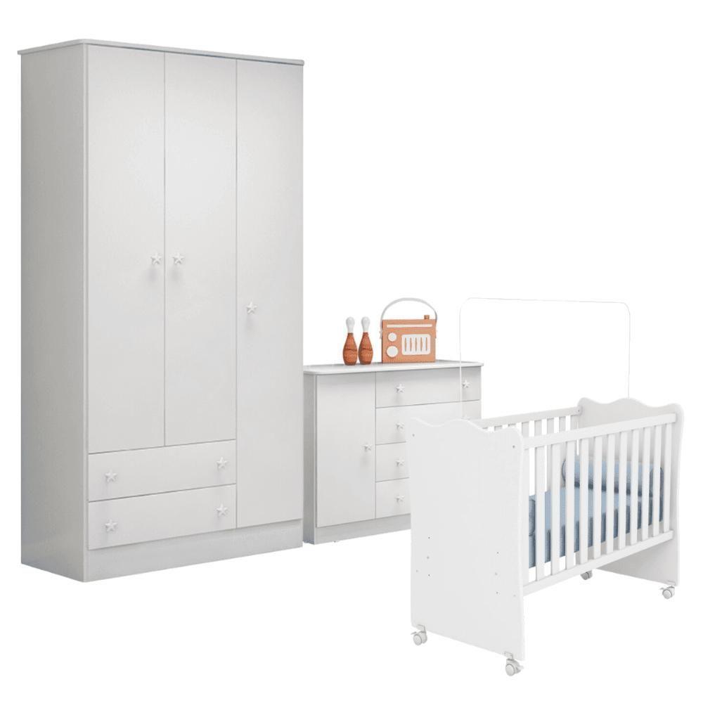 Conjunto Infantil Doce Sonho Branco Berço Doce Sonho + Kit Rodízios + Cômoda Doce Sonho + Guarda-roupa Doce Sonho - 2