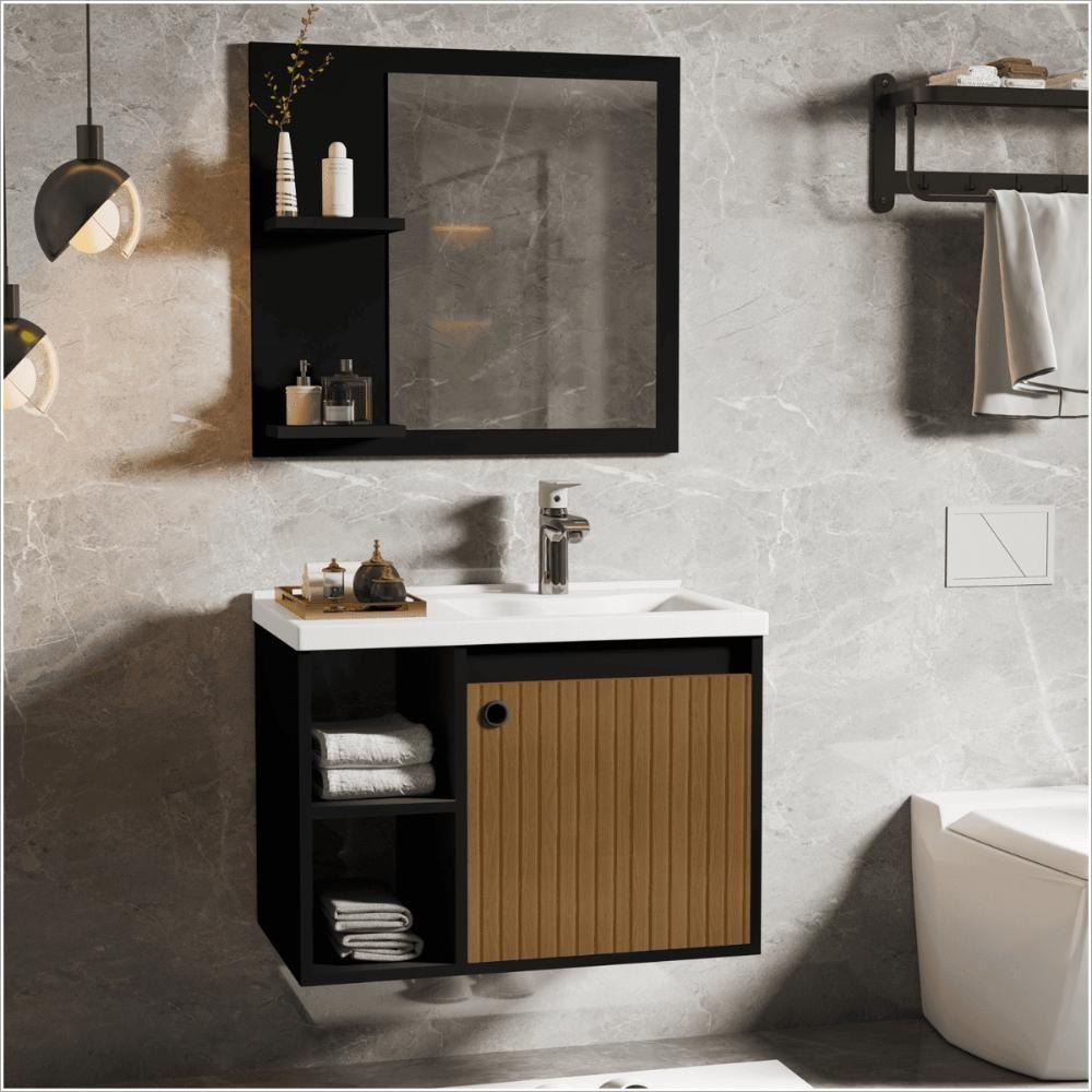 Conjunto Gabinete Com Espelheira E Cuba Para Banheiro Éden Preto Ripado - 1