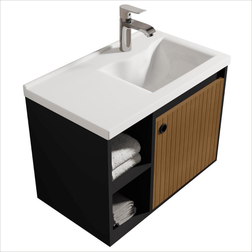 Conjunto Gabinete Com Espelheira E Cuba Para Banheiro Éden Preto Ripado - 4