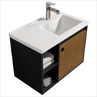 Conjunto Gabinete Com Espelheira E Cuba Para Banheiro Éden Preto Ripado