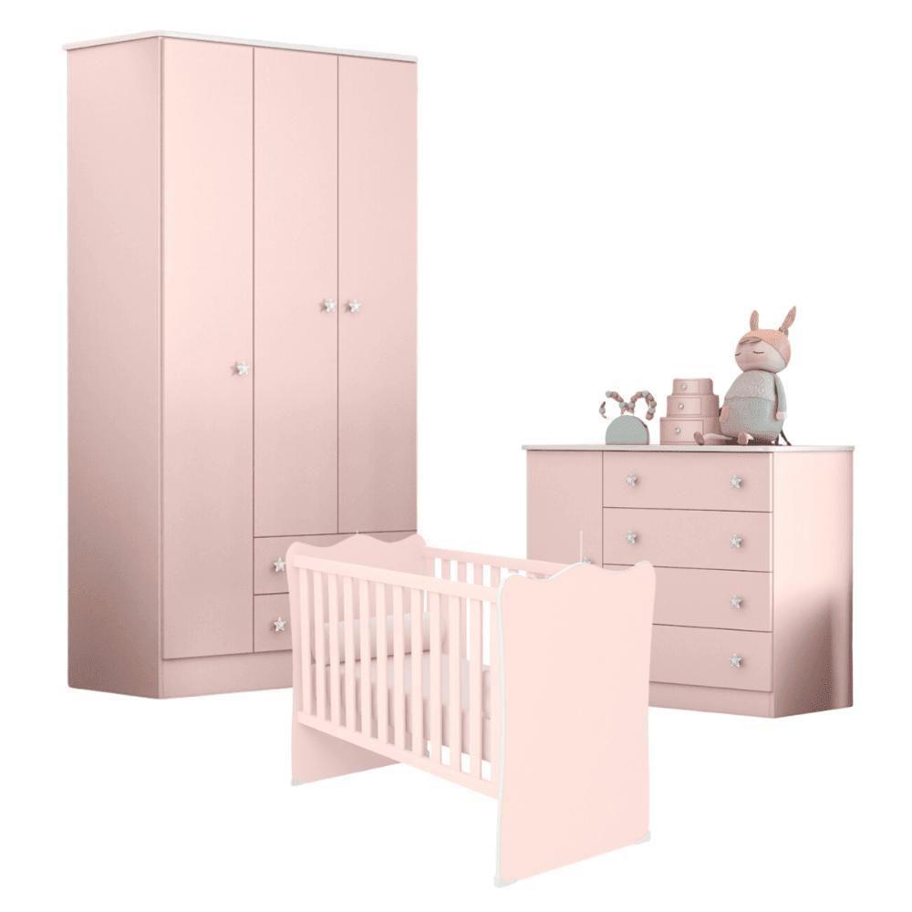 Conjunto Infantil Doce Sonho Rosa Acetinado Berço Doce Sonho + Kit Rodízios + Cômoda + Guarda-roupa Doce Sonho - 2