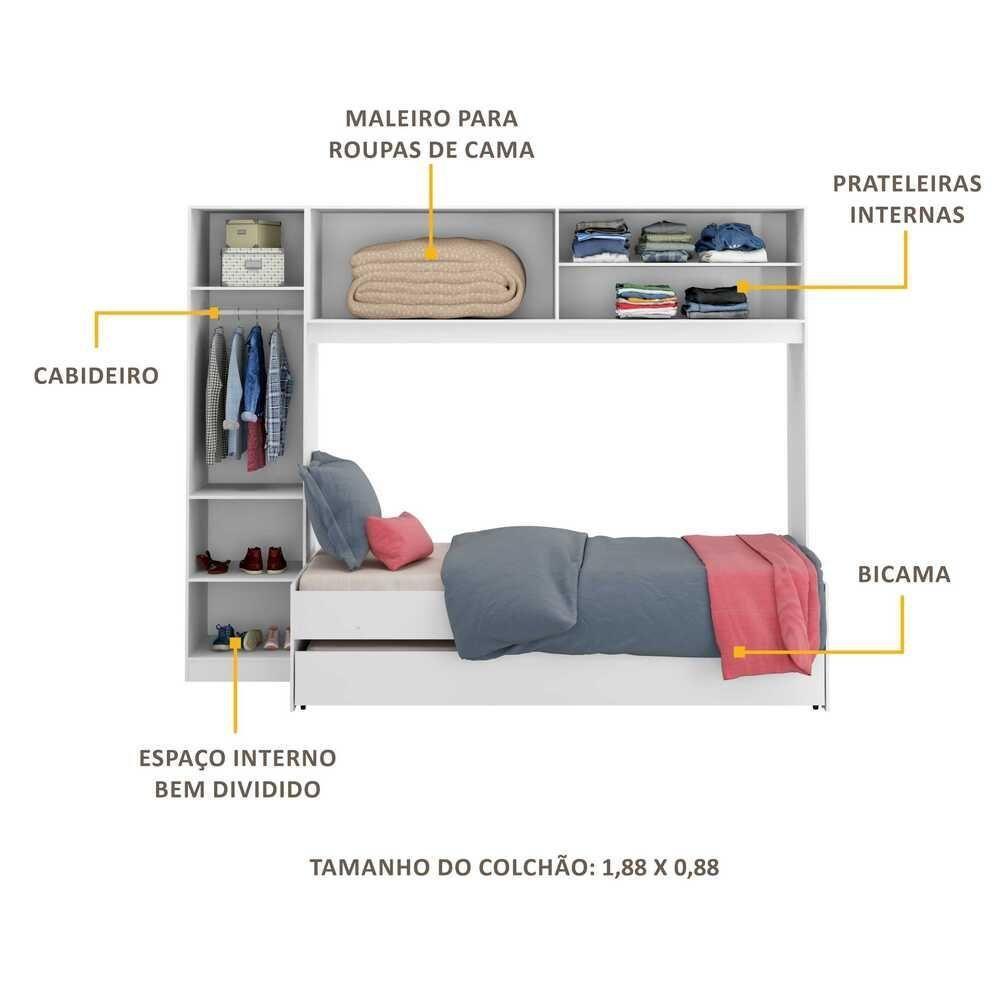 Bicama Com Guarda-roupa Para Colchão 88 X 188 Cm Multimóveis Branca - 5