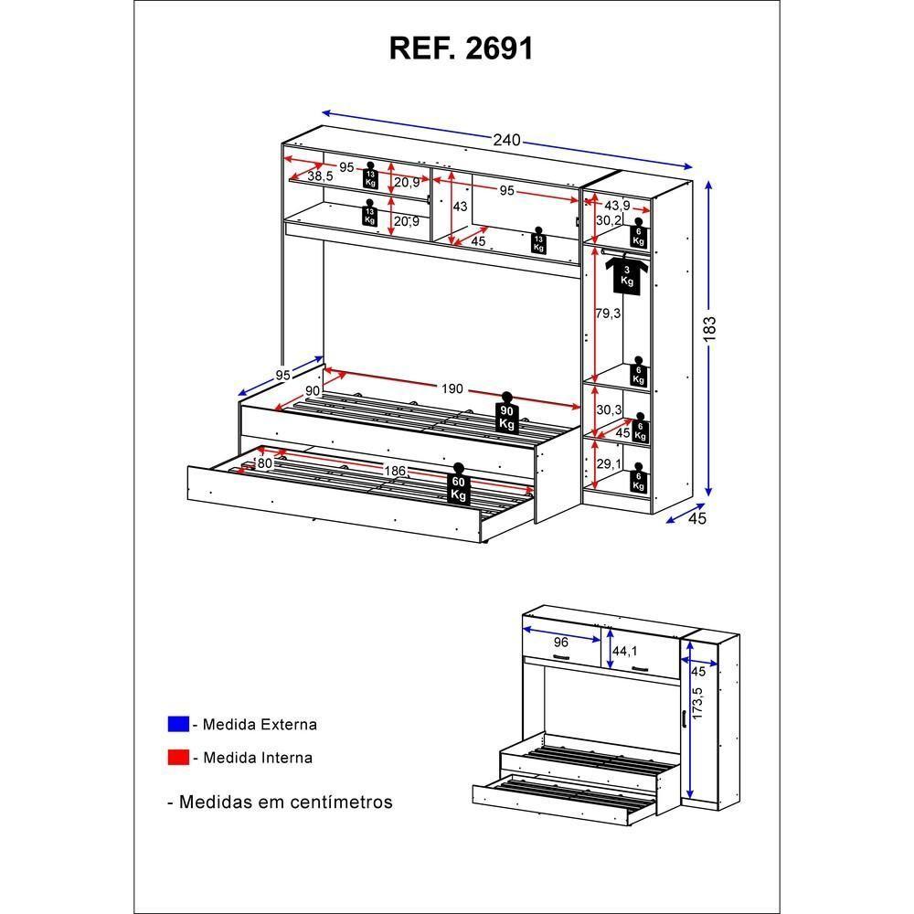 Bicama Com Guarda-roupa Para Colchão 88 X 188 Cm Multimóveis Branca - 6