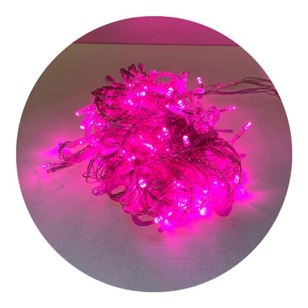 Cordão Com 100 Lampadas De Led Formato Pequena Gota 10 Metros Fio Crystal Rosa - 1