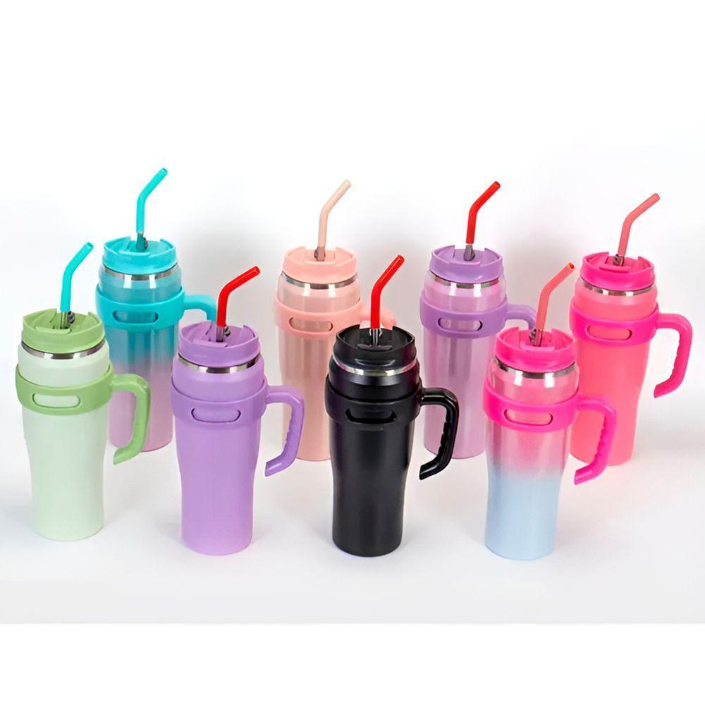 Copo Térmico Inox Com Alça Canudo Esmaltado Glitter Bege Com Amarelo - 2