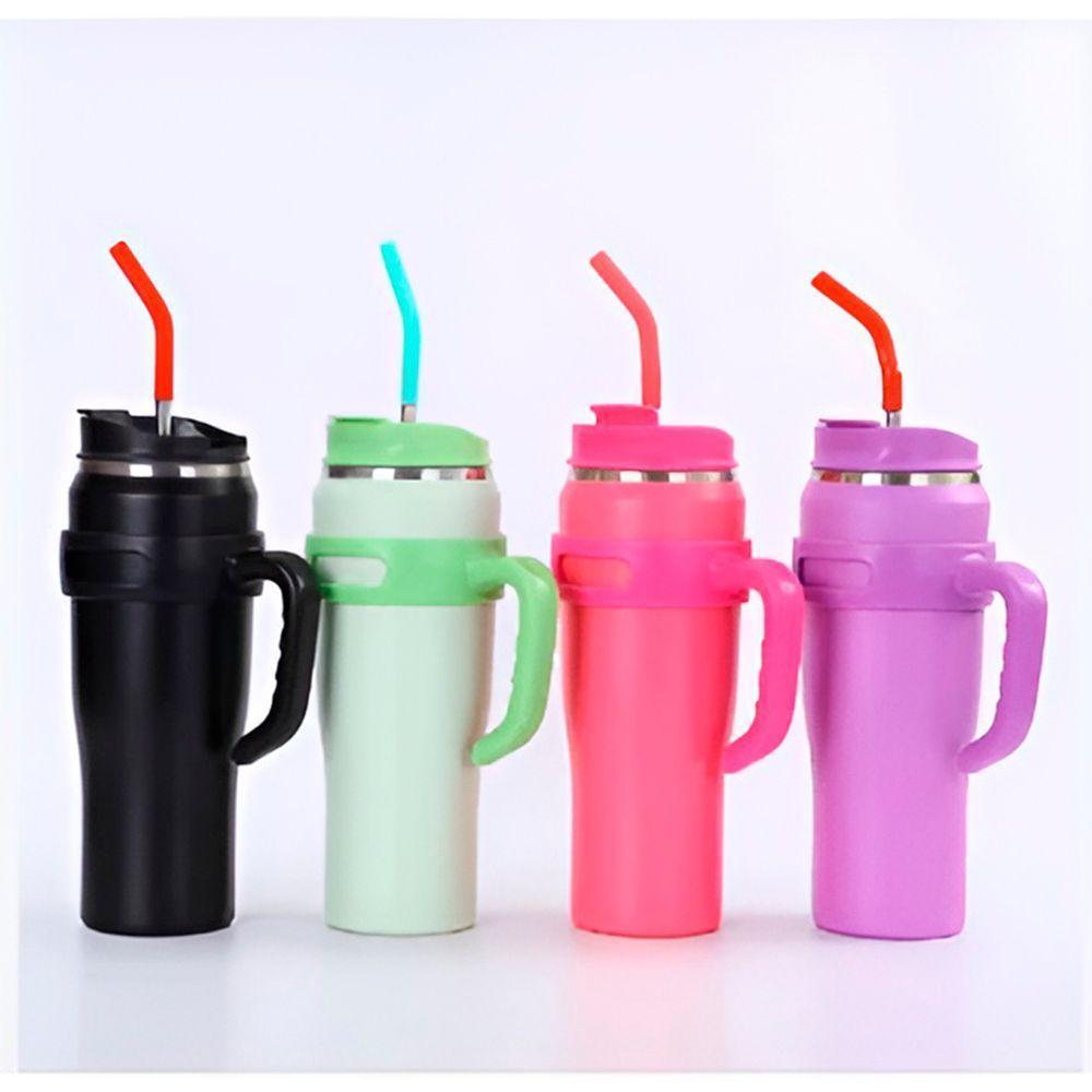 Copo Térmico Inox Com Alça Canudo Esmaltado Glitter Bege Com Amarelo - 6