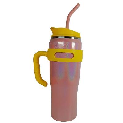 Copo Térmico Inox Com Alça Canudo Esmaltado Glitter Bege Com Amarelo