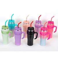 Copo Térmico Inox Com Alça Canudo Esmaltado Glitter Bege Com Amarelo - 2