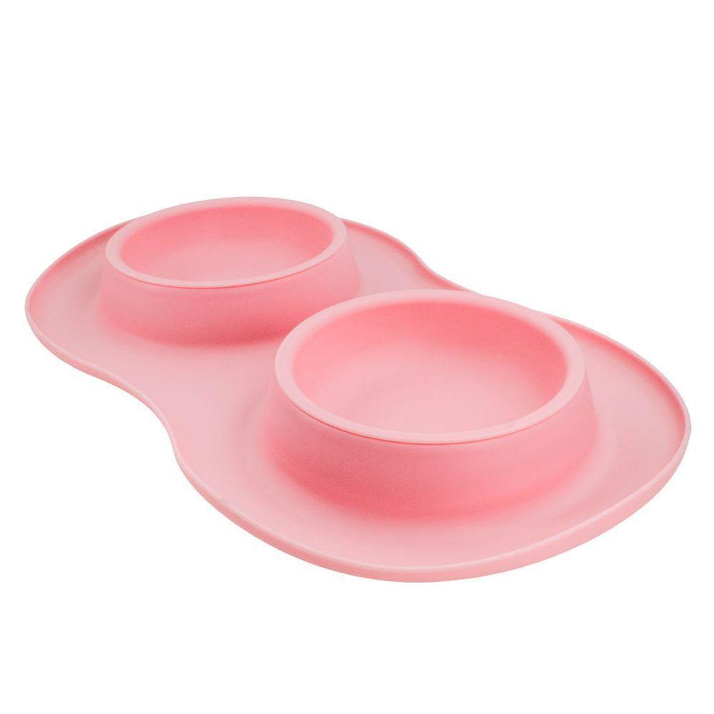Comedor Pote Para Ração Agua Tigela Duplo Cachorro Gato Silicone Rosa - 1