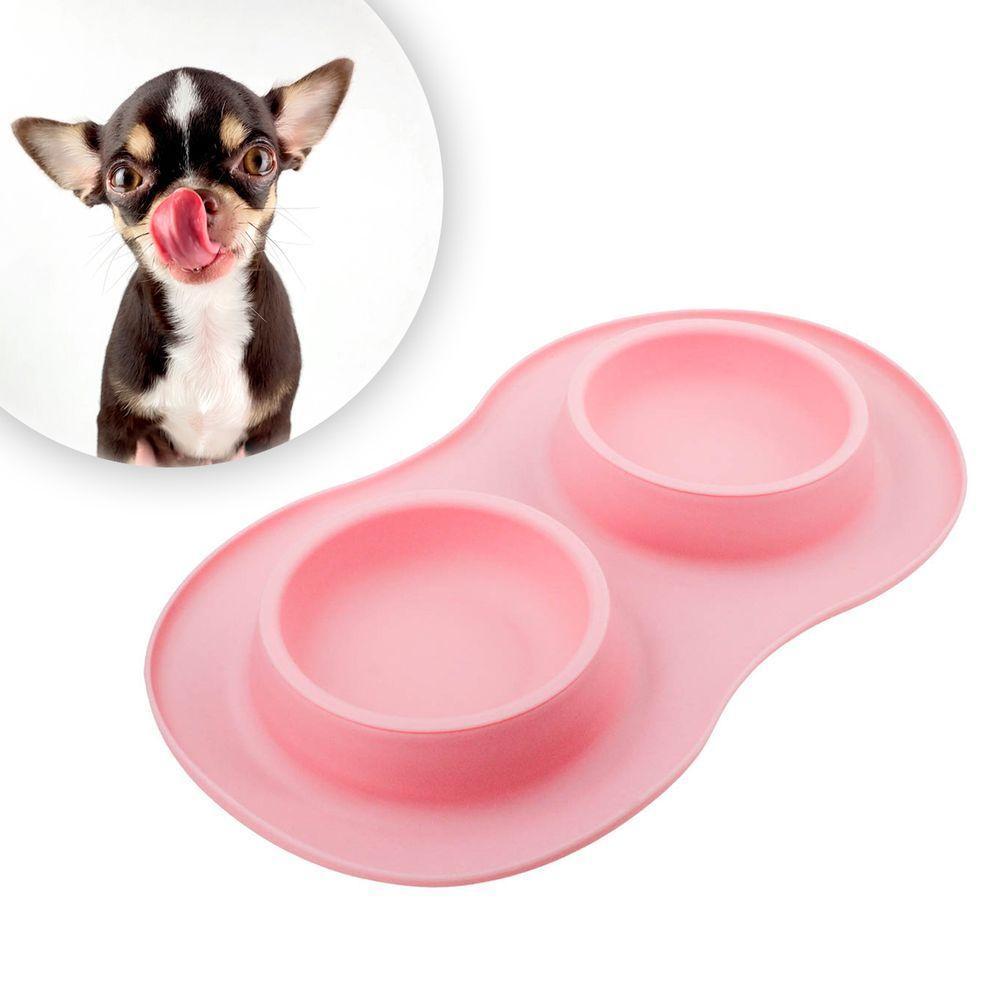 Comedor Pote Para Ração Agua Tigela Duplo Cachorro Gato Silicone Rosa - 2