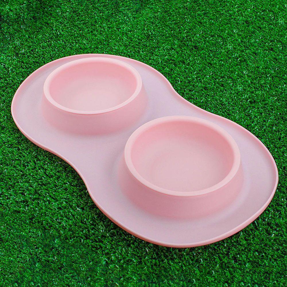 Comedor Pote Para Ração Agua Tigela Duplo Cachorro Gato Silicone Rosa - 4