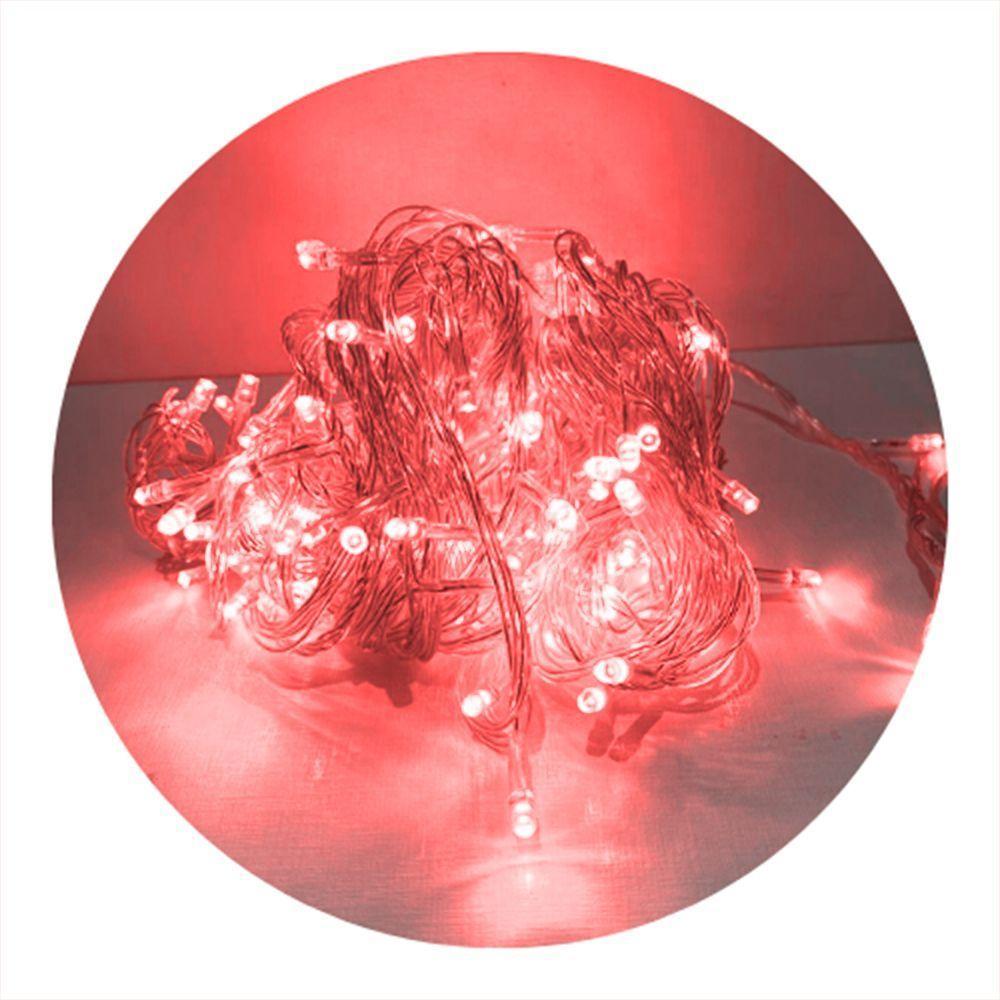 Cordão Com 100 Lampadas De Led Formato Pequena Gota 10 Metros Fio Crystal Vermelho - 1