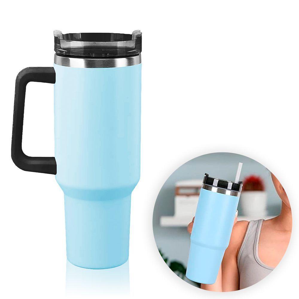 Copo Térmico Aço Inox 1200ml Caneca Com Alça Canudo água Gelada Quente Azul - 2