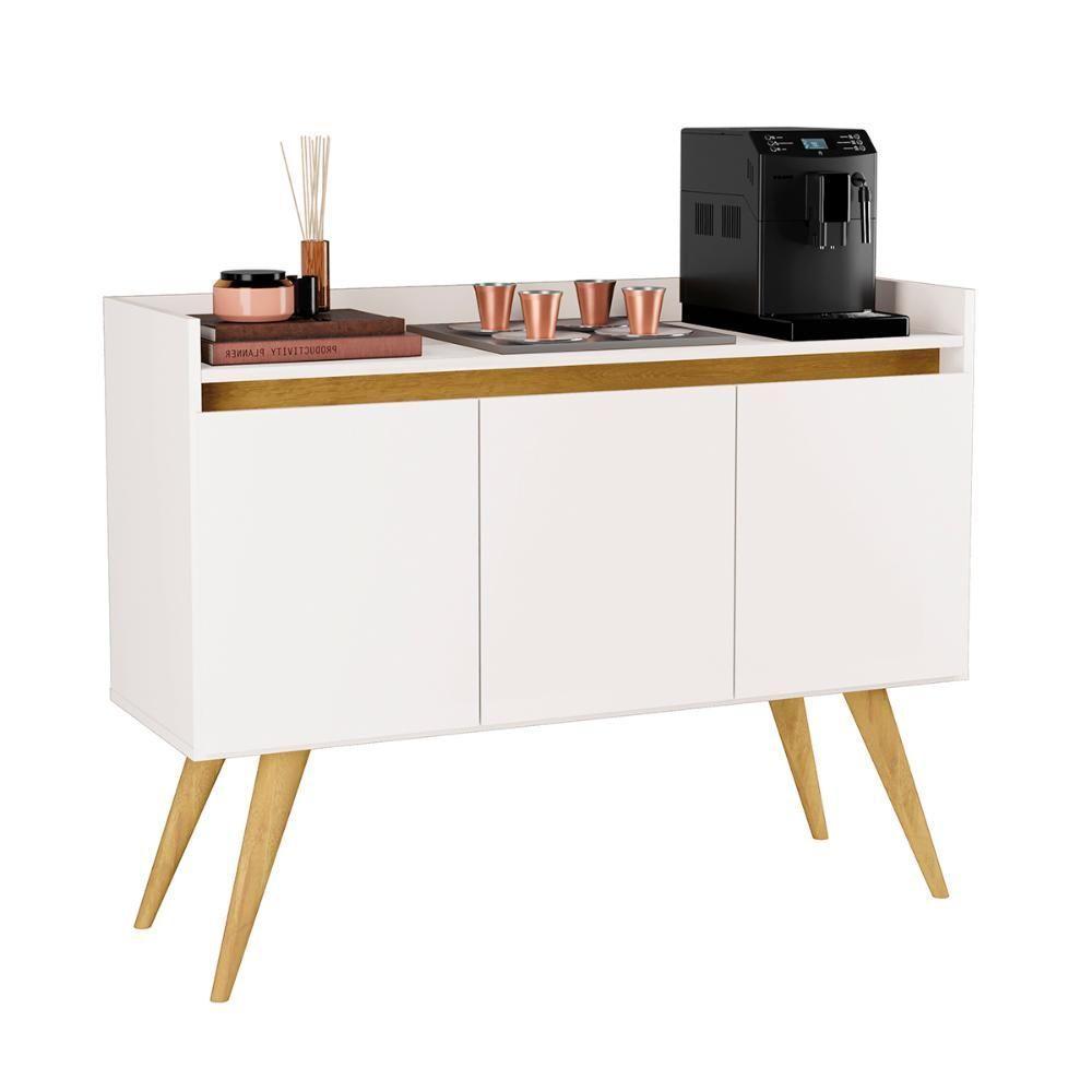 Aparador Buffet Sala Gold 3 Portas Com Pés De Madeira Maciça Branco Mel - 1
