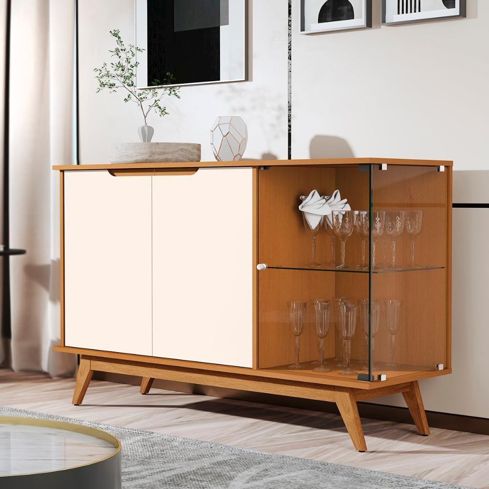Aparador Buffet Tucumã Com 3 Portas Pés De Madeira Maciça Nature Off White - 2