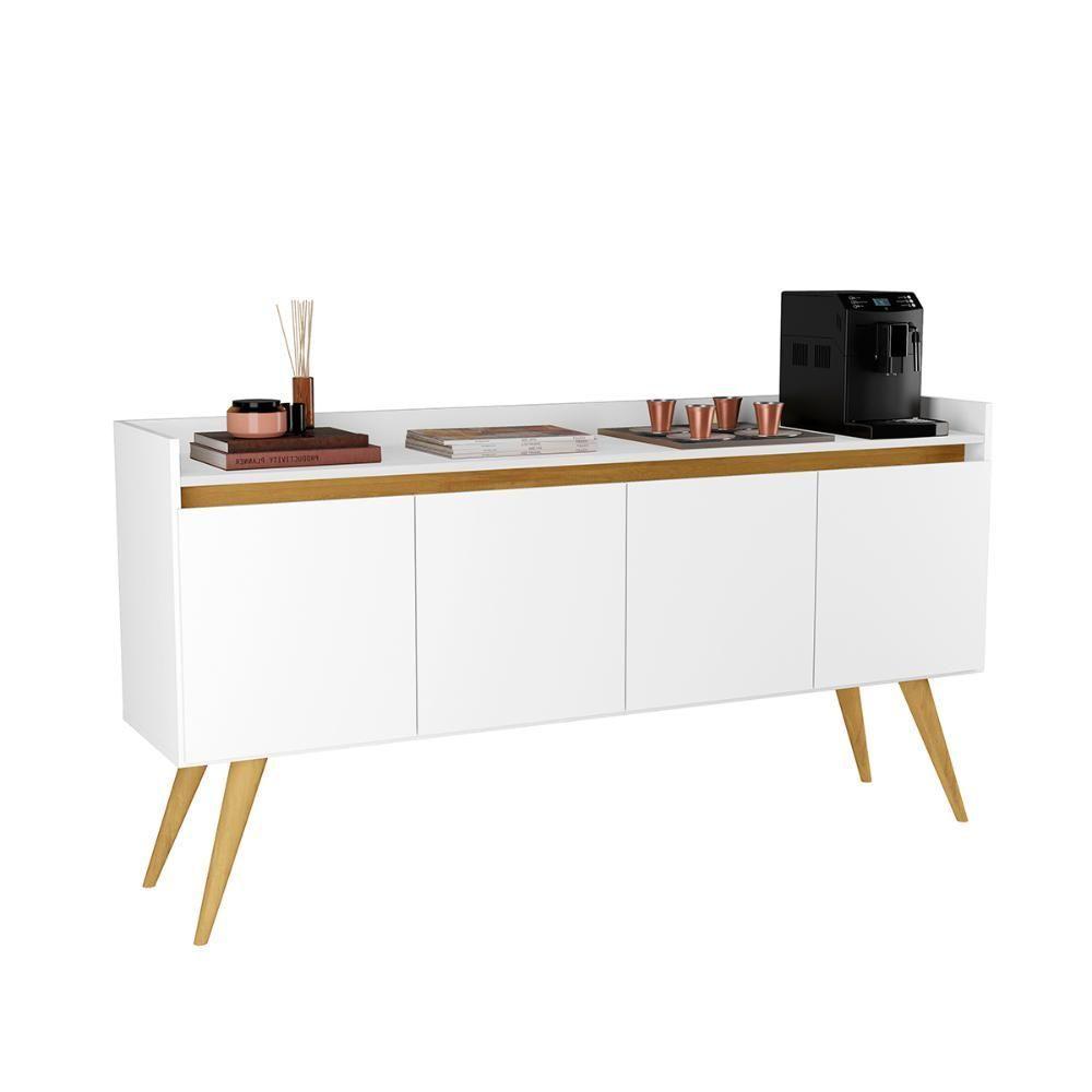 Aparador Buffet Sala Gold 4 Portas Com Pés De Madeira Maciça Branco Mel - 1