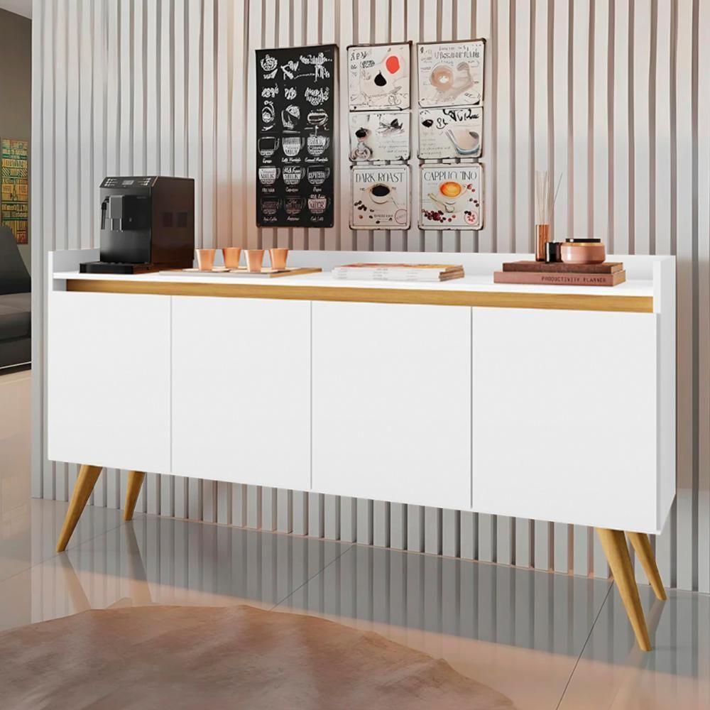 Aparador Buffet Sala Gold 4 Portas Com Pés De Madeira Maciça Branco Mel - 2