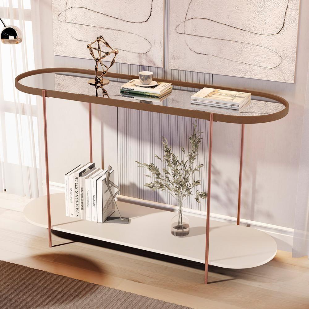 Aparador Buffet Bancada Alamanda Sala Com Espelho E Pés Metal Castanho Off White Bronze - 2