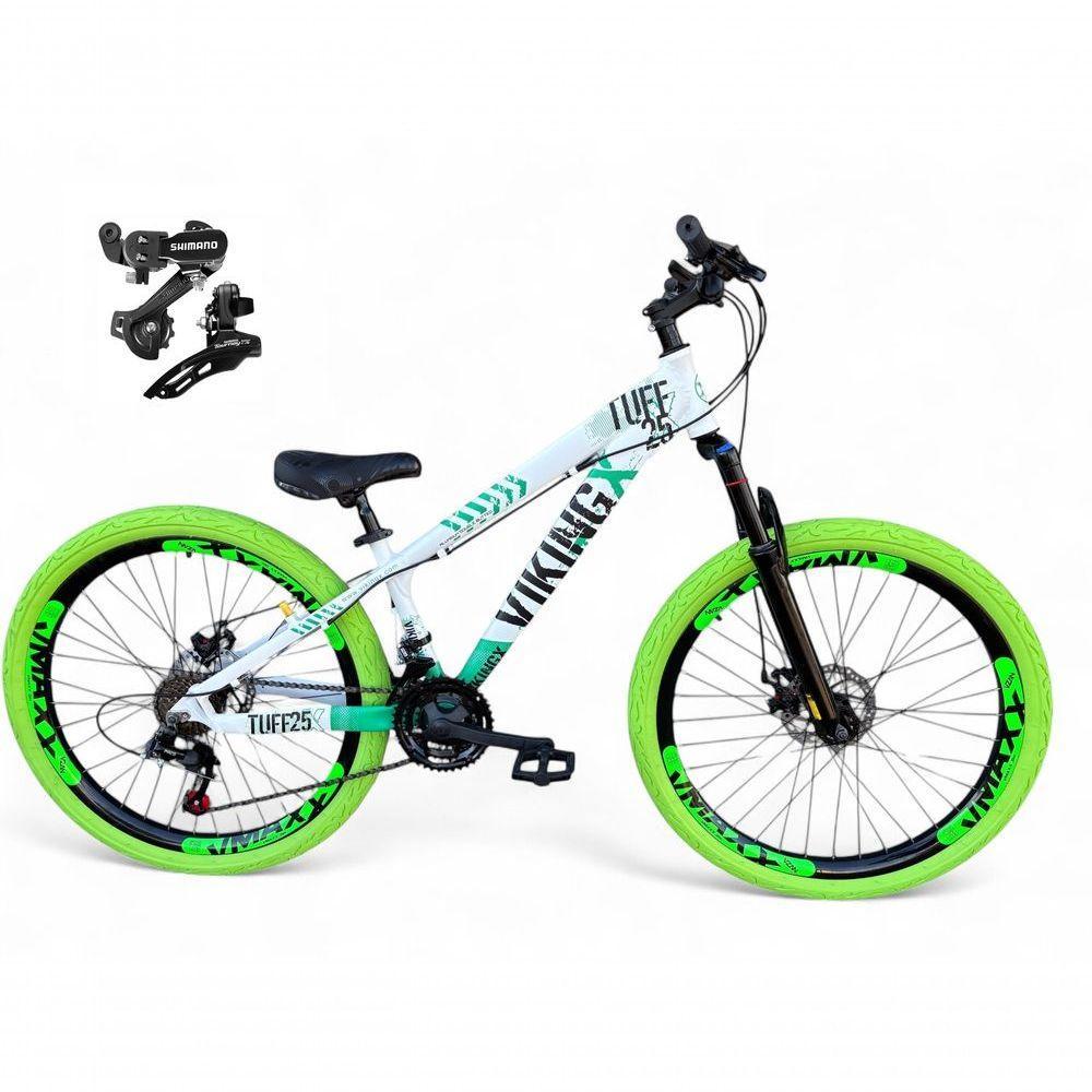 Bicicleta Aro 26 Vikingx Tuff X25 Freeride Câmbios Shimano 21v Freio A Disco Aros Vmaxx Pneu Flame - Branco-verde - 1