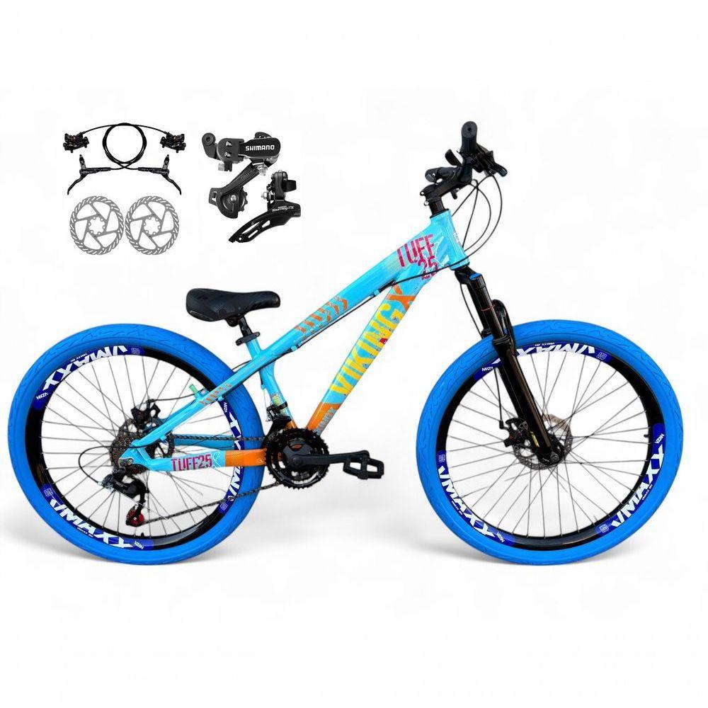 Bicicleta Aro 26 Vikingx Tuff X25 Freeride Câmbios Shimano 21v Freio A Disco Aros Vmaxx Pneu Flame - Azul-laranja - 1