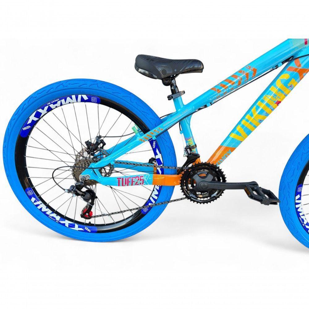 Bicicleta Aro 26 Vikingx Tuff X25 Freeride Câmbios Shimano 21v Freio A Disco Aros Vmaxx Pneu Flame - Azul-laranja - 4