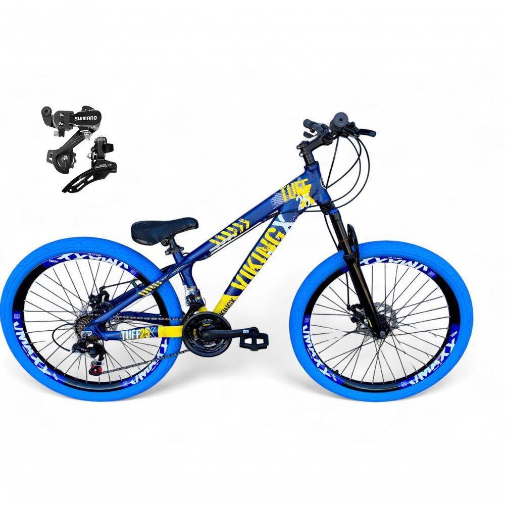 Bicicleta Aro 26 Vikingx Tuff X25 Freeride Câmbios Shimano 21v Freio A Disco Aros Vmaxx Pneu Flame - Azul/amarelo - 1