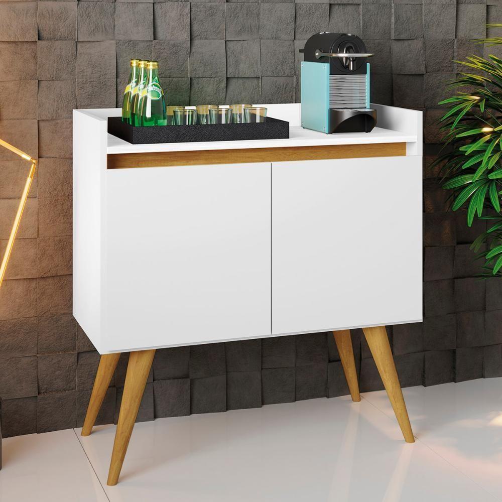 Aparador Buffet Sala Gold 2 Portas Com Pés De Madeira Maciça Branco Mel - 2
