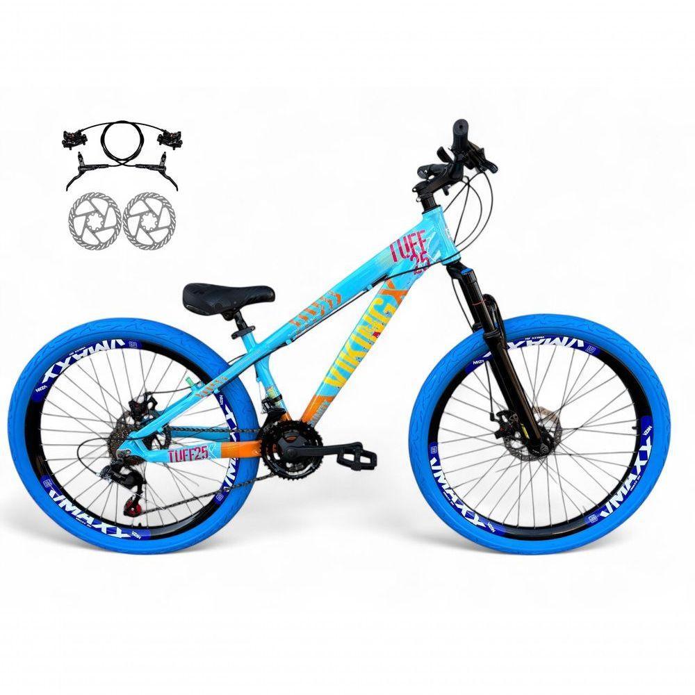 Bicicleta Aro 26 Vikingx Tuff X25 Freeride Freio Hidráulico 21v Aros Vmaxx Dh Pneu Flame - Azul-laranja - 1
