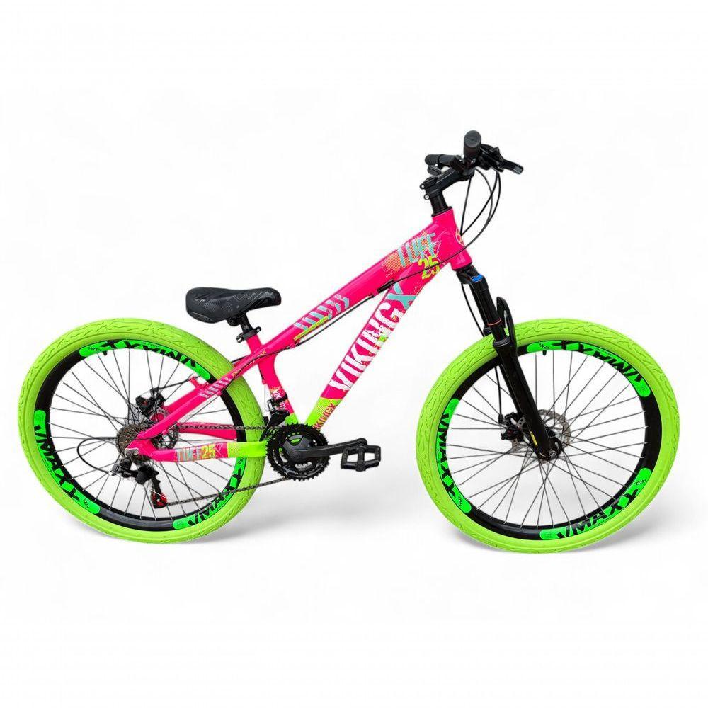 Bicicleta Aro 26 Vikingx Tuff X25 Freeride 21v Aros Vmaxx Dh Freio A Disco Pneu Flame - Rosa-verde - 1