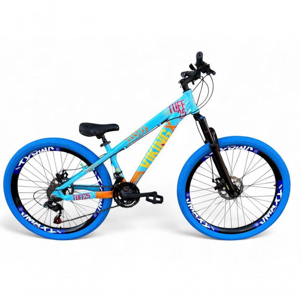 Bicicleta Aro 26 Vikingx Tuff X25 Freeride 21v Aros Vmaxx Dh Freio A Disco Pneu Flame - Azul-laranja - 1