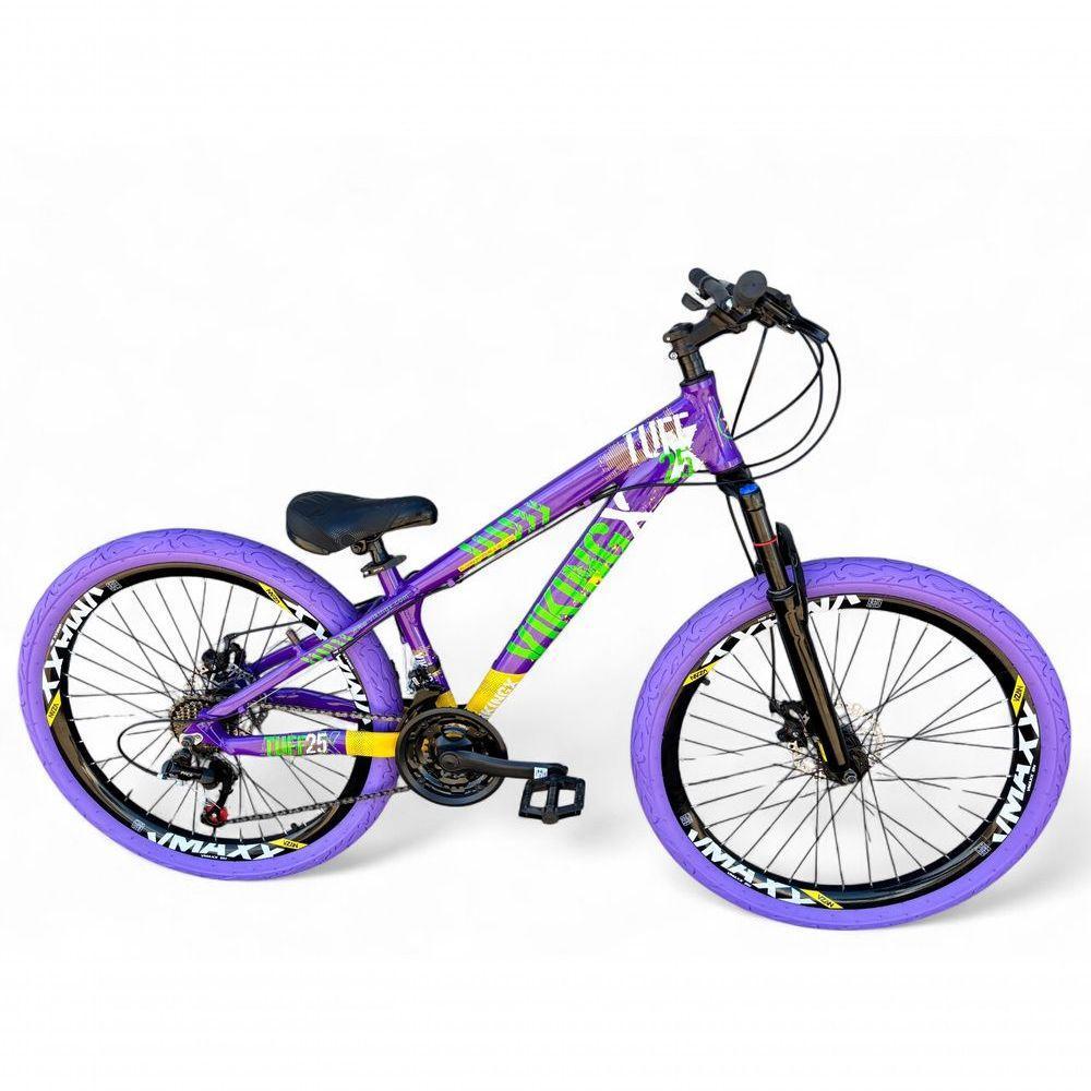 Bicicleta Aro 26 Vikingx Tuff X25 Freeride 21v Aros Vmaxx Dh Freio A Disco Pneu Flame - Roxo/amarelo/verde - 1