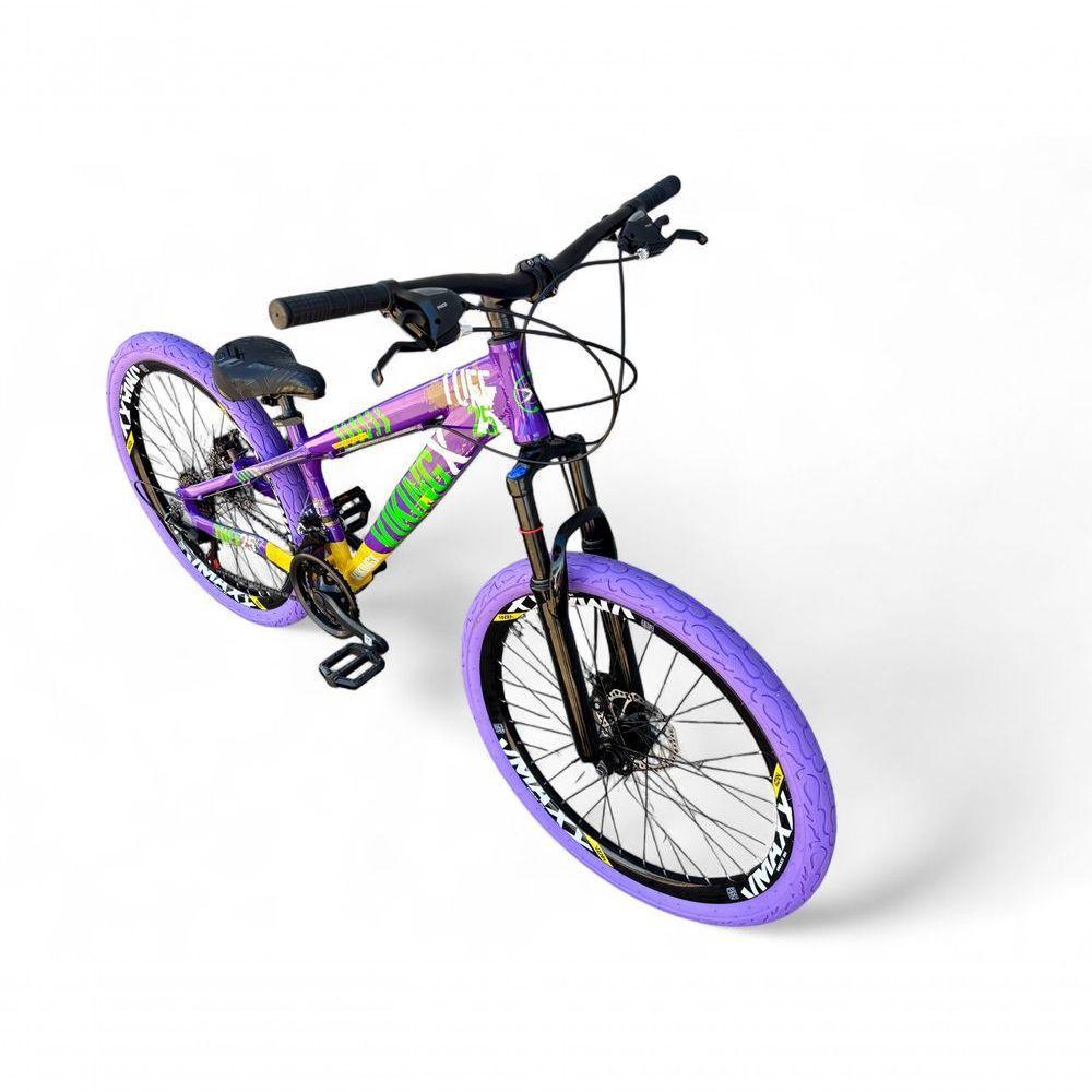 Bicicleta Aro 26 Vikingx Tuff X25 Freeride 21v Aros Vmaxx Dh Freio A Disco Pneu Flame - Roxo/amarelo/verde - 2