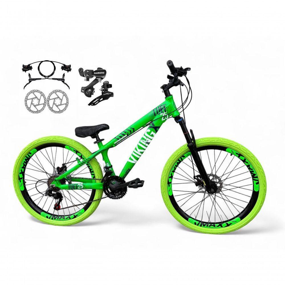 Bicicleta Aro 26 Vikingx Tuff X25 Freeride Câmbios Shimano 21v Freio A Disco Aros Vmaxx Pneu Flame - Verde - 1