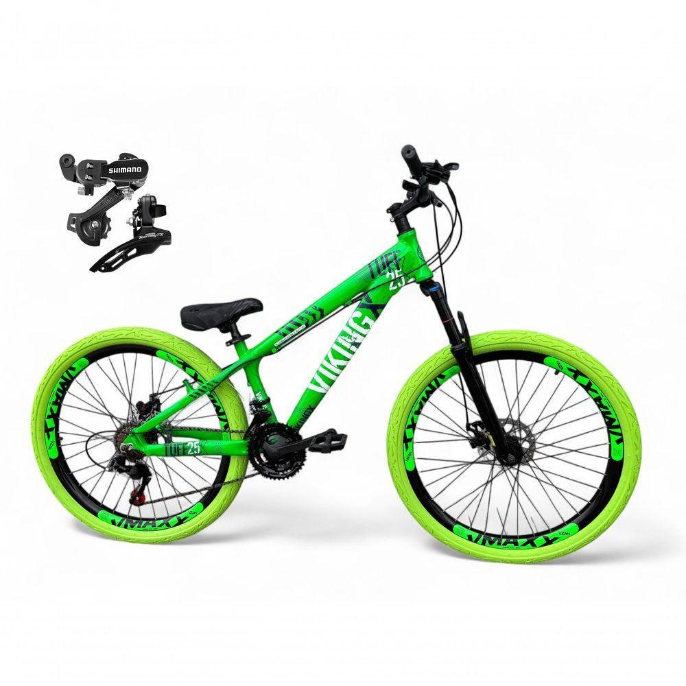 Bicicleta Aro 26 Vikingx Tuff X25 Freeride Câmbios Shimano 21v Freio A Disco Aros Vmaxx Pneu Flame - Verde - 1